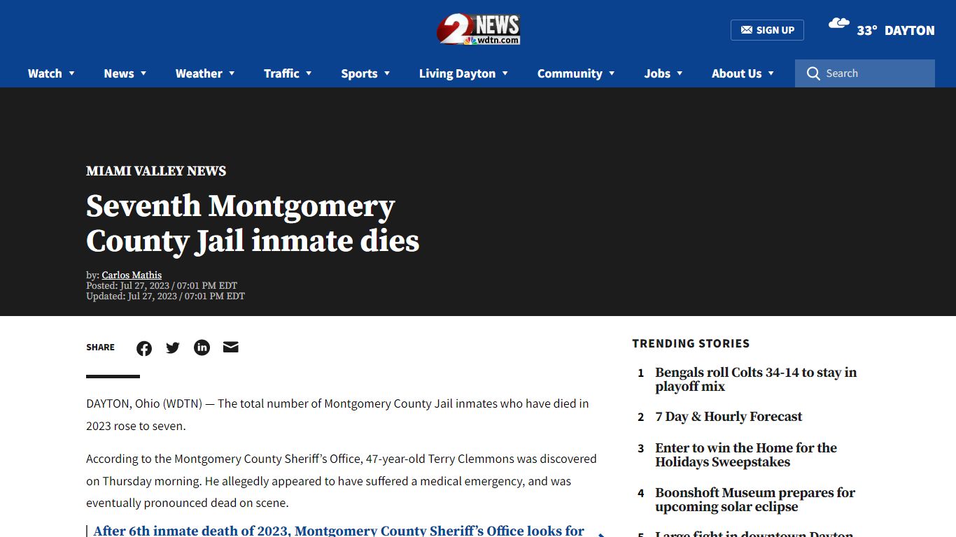 Seventh Montgomery County Jail inmate dies - WDTN.com